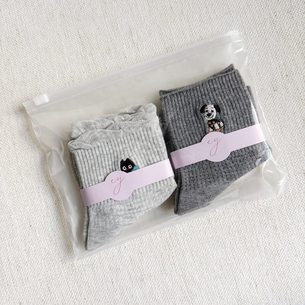Cat And Dog Design Crew Socks Set Of 2