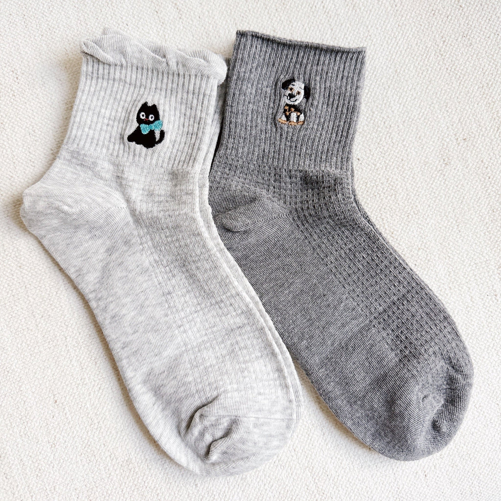 Cat And Dog Design Crew Socks Set Of 2