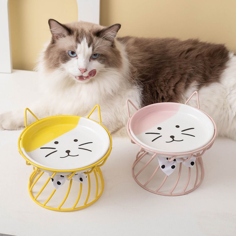 Pets Friendly Cat Bowl, Single Cat Face Plate, Cat bowl, ceramic grain bowl, shallow mouth, large caliber pet food basin（3pcs）