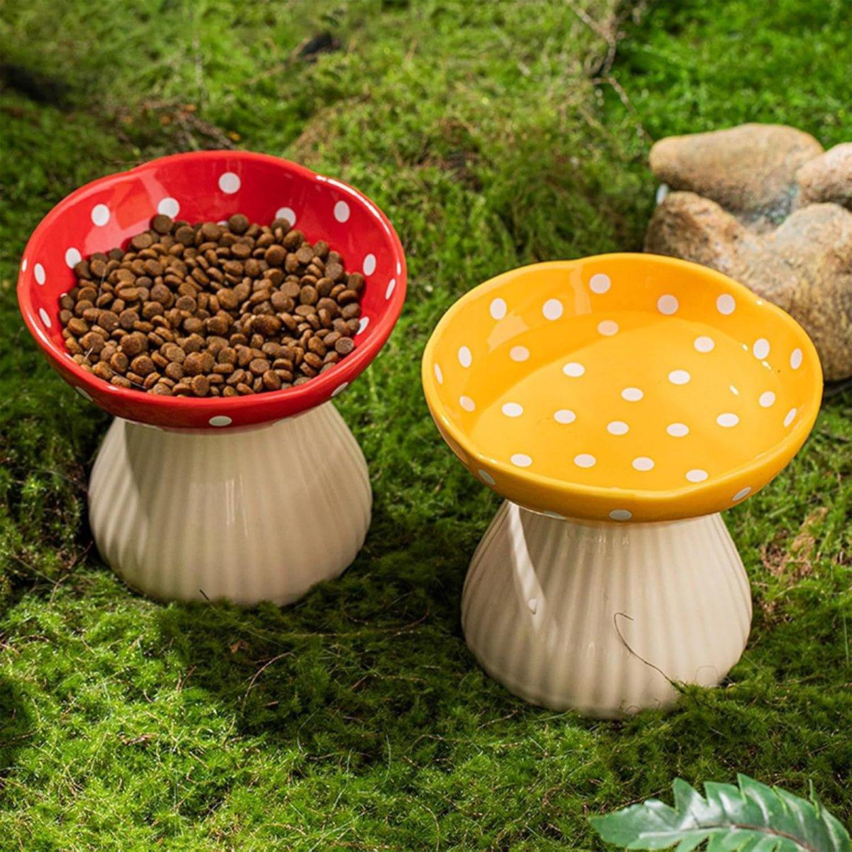 Pet Elevated Mushroom Bowl Ceramic Cat Dog Bowl Dish Food Feeder Raised Cat Bowl